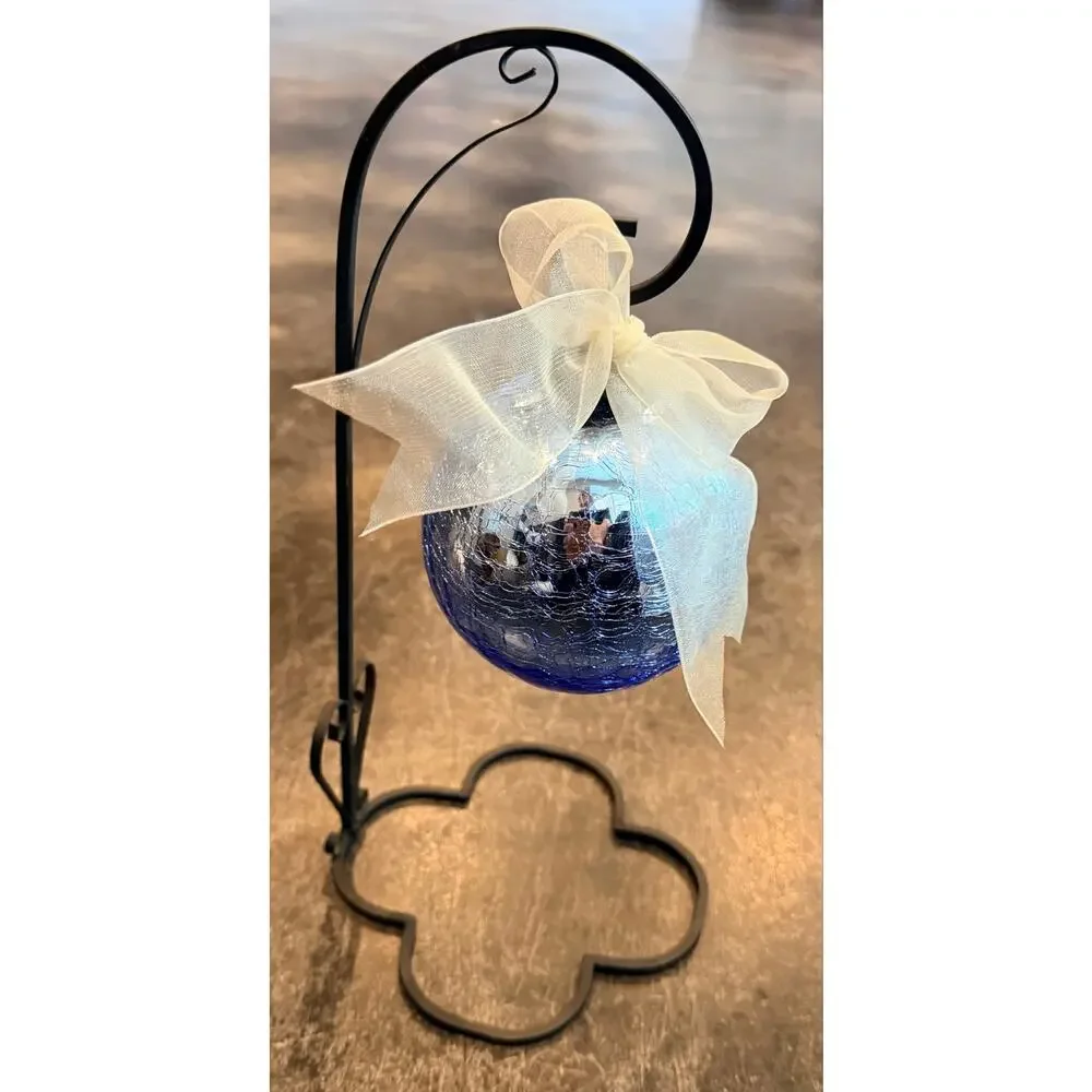 Heavy Crackle Glass German Kugel Ornament Ice Blue 9oz Blown Glass & Table Stand